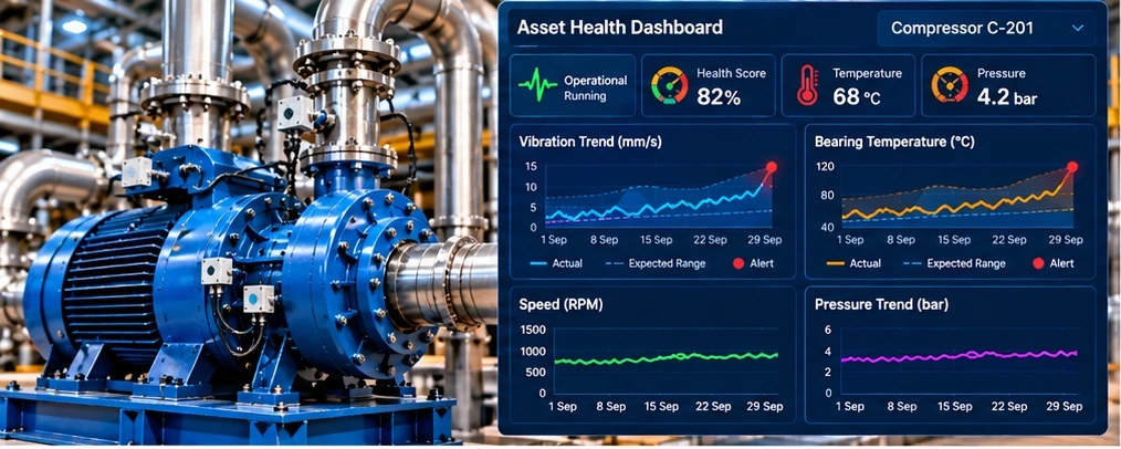 Illustrative compressor equipment and an asset health monitoring dashboard