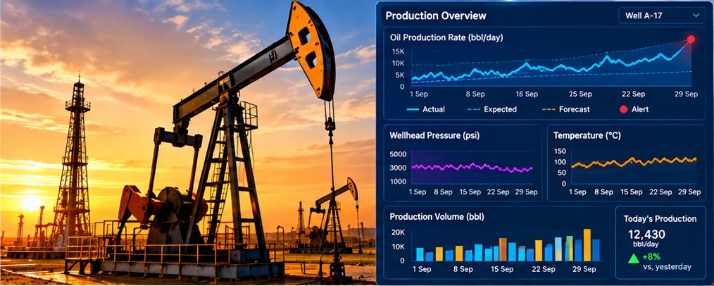 Illustrative oil production site and production overview dashboard