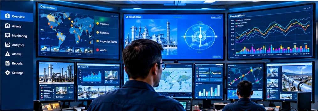 Illustrative industrial control room with operational monitoring dashboards