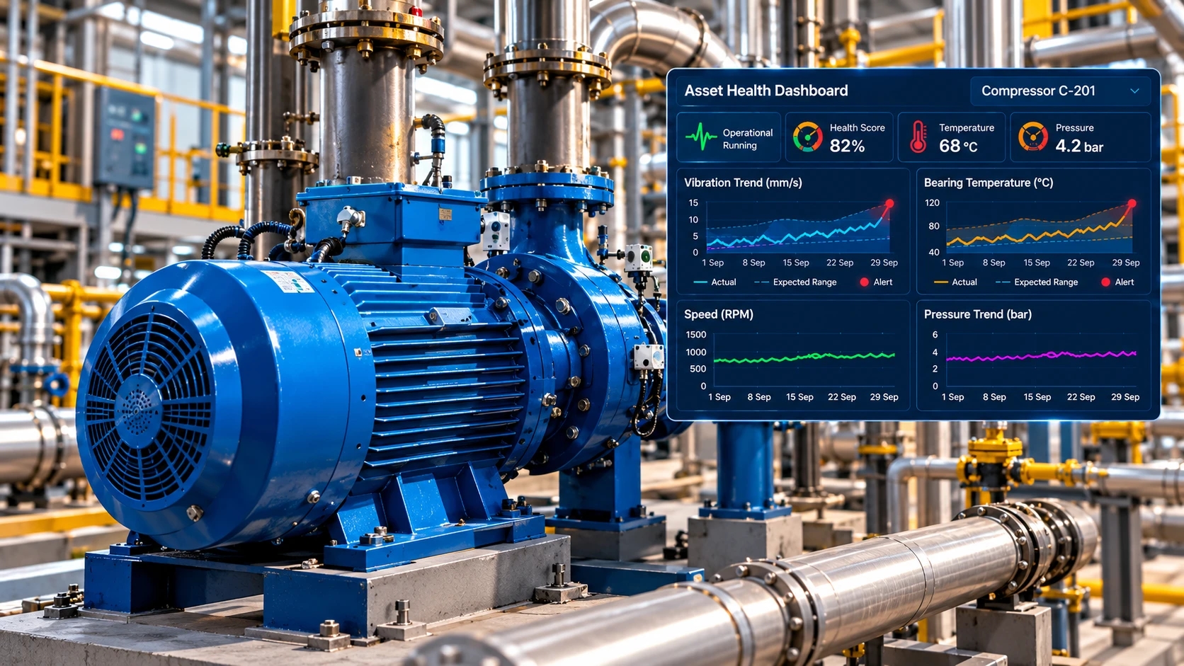 Illustrative compressor equipment with an asset health monitoring dashboard