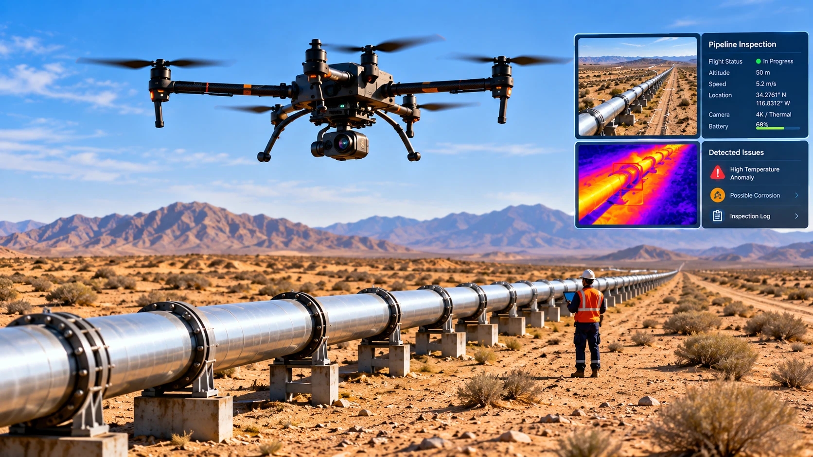 Illustrative drone pipeline inspection with visual findings