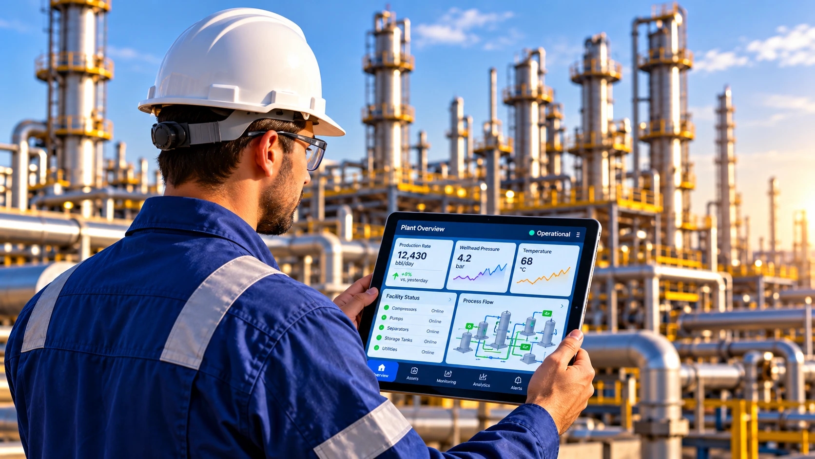 Illustrative field operator reviewing operational information on a tablet
